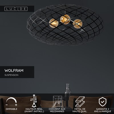 Lucide WOLFRAM - Suspension - Ø 100 cm - 3xE27 - Convient aux mezzanines et plafonds hauts - Noir